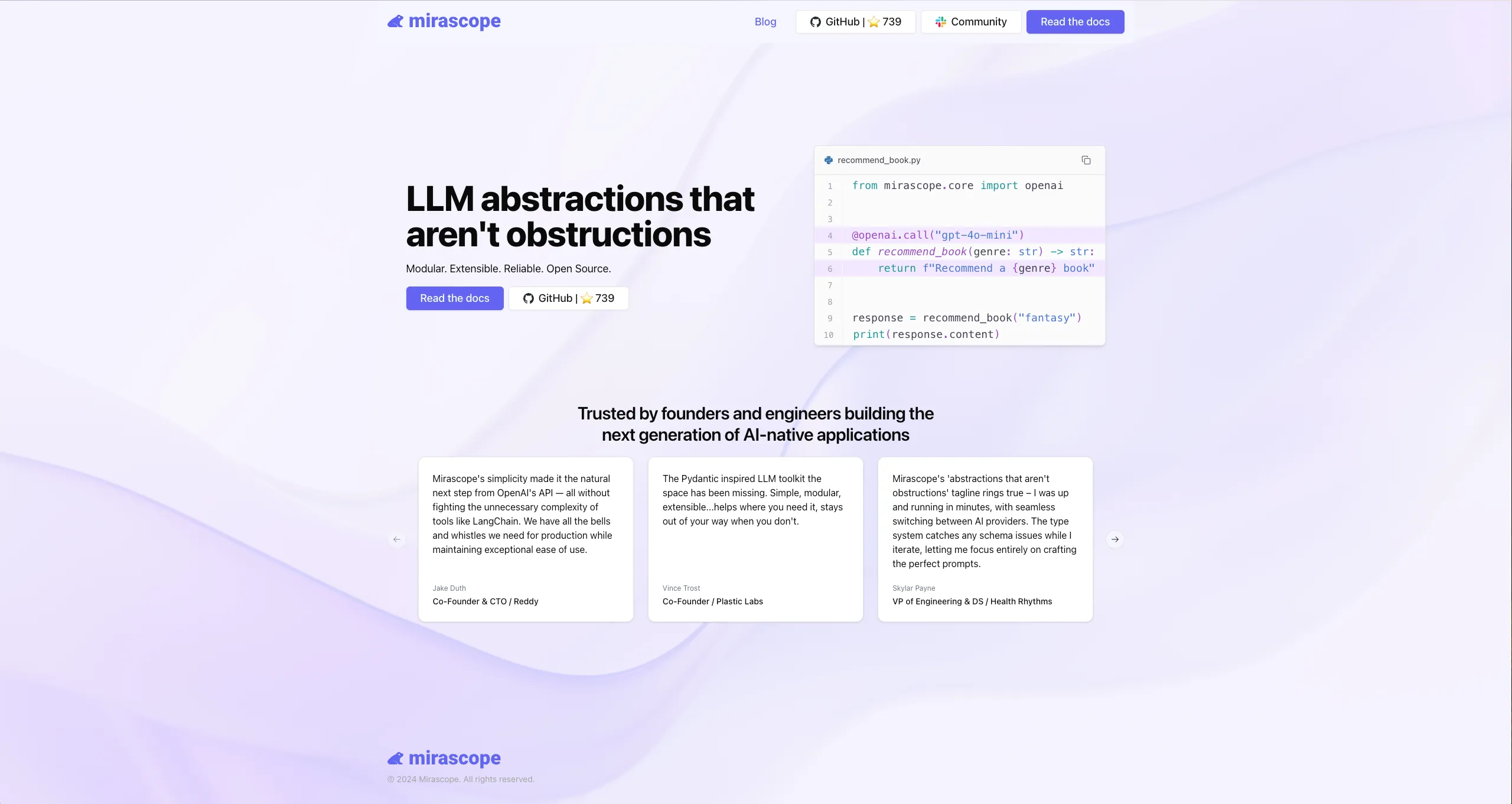 Mirascope homepage: LLM abstractions that aren't obstructions