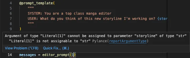 Mirascope Prompt Function Incorrect Type Error